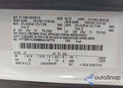 2021 Ford Transit-250 from USA, damaged, VIN 1FTBR1C89MKA19775